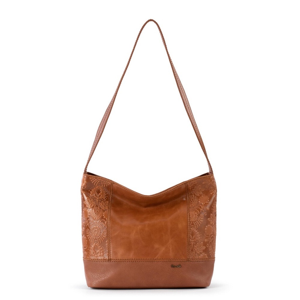 The Sak Tan Leather Shoulder Bag with Floral Accents NWOT